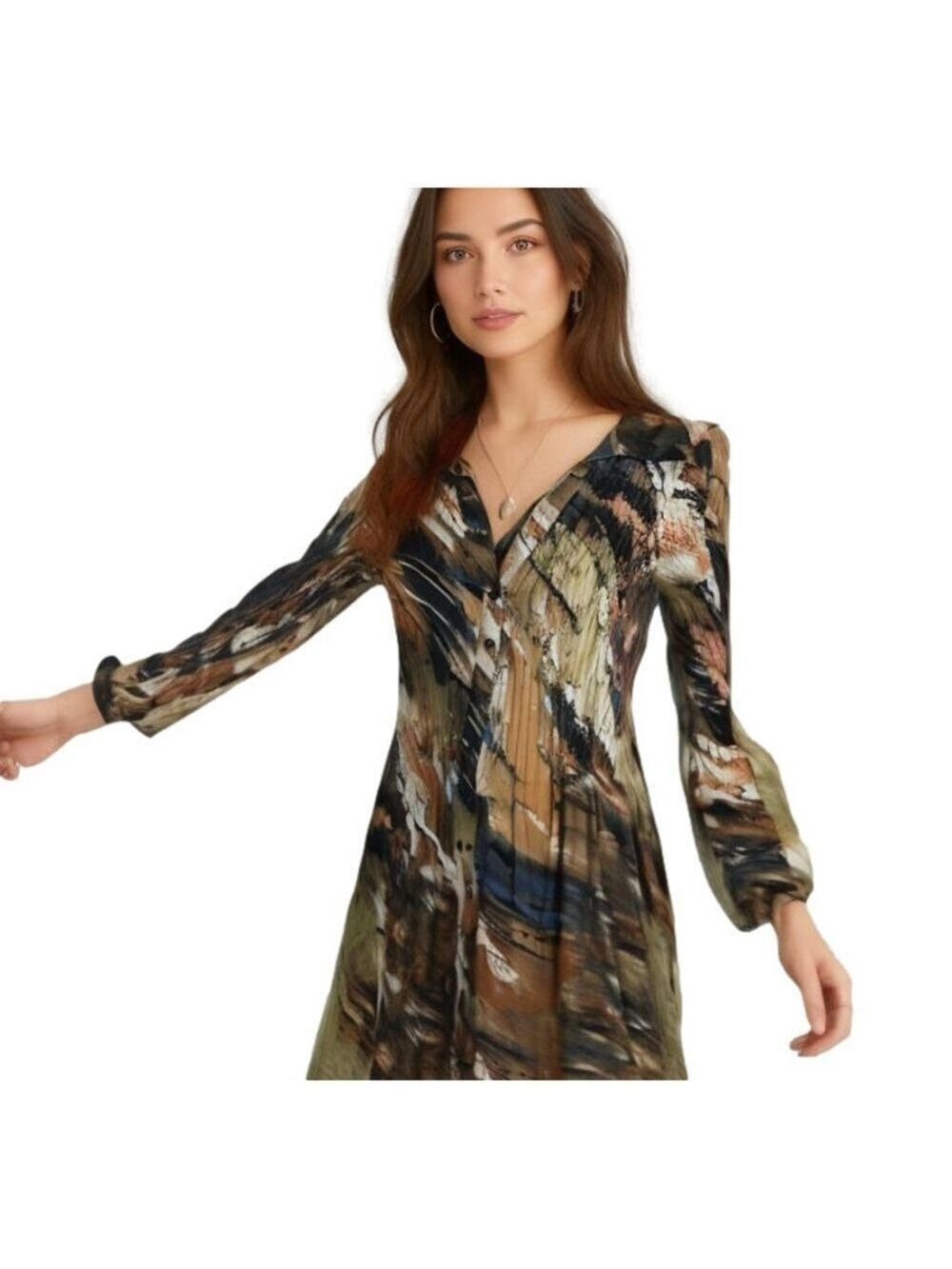 Vintage Y2K Plissé Pleated Blouse Tunic Abstract Fall Colors Split Bell Sleeve